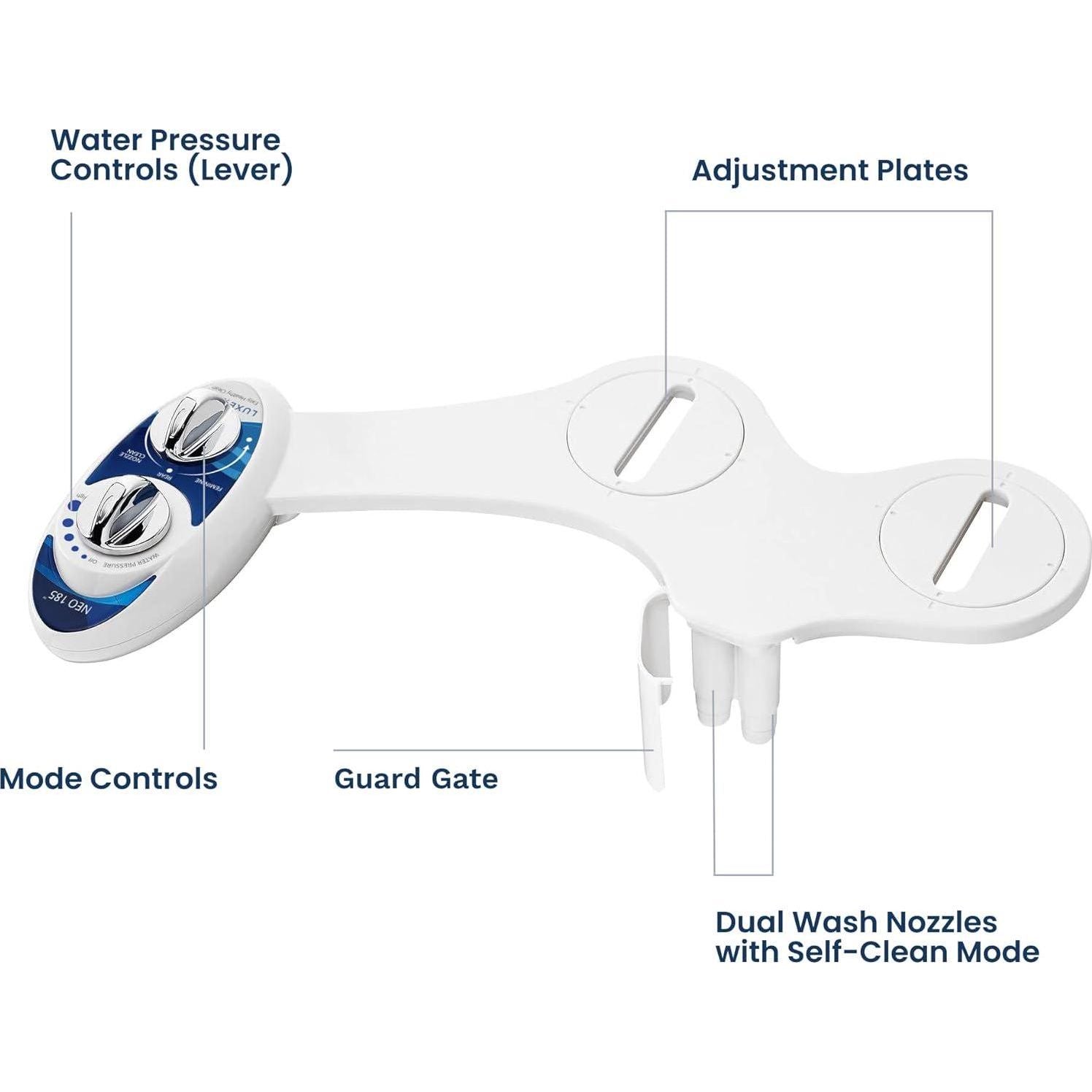 LUXE Bidet NEO 185 - Self-Cleaning, Dual Nozzle, Non-Electric Bidet Attachment For Toilet Seat, Adjustable Water Pressure, Rear And Feminine Wash (Blue),