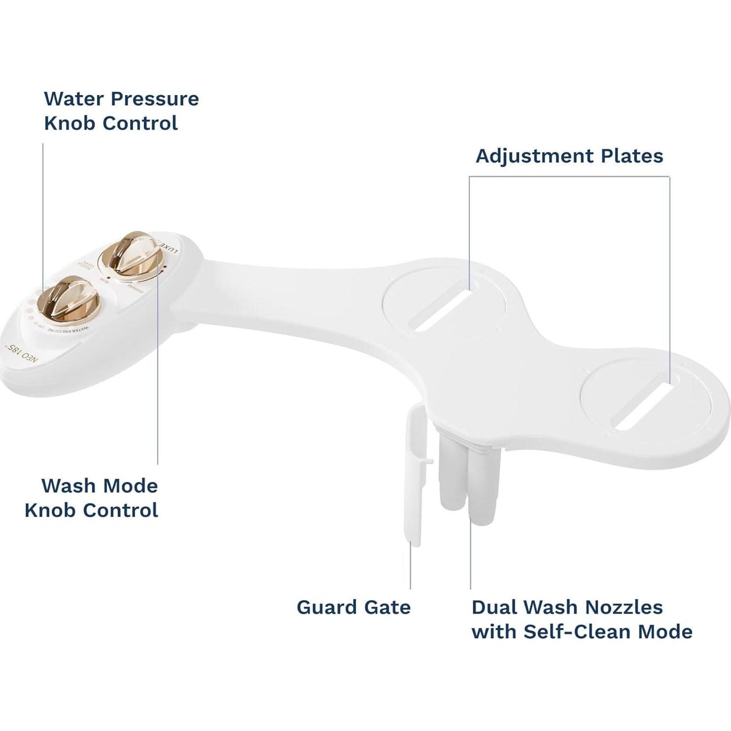 LUXE Bidet NEO 185 - Self-Cleaning, Dual Nozzle, Non-Electric Bidet Attachment For Toilet Seat, Adjustable Water Pressure, Rear And Feminine Wash (Gold),