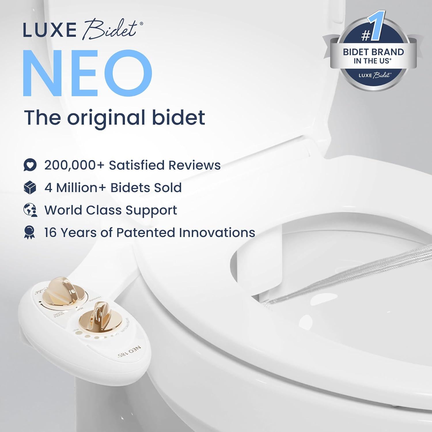 LUXE Bidet NEO 185 - Self-Cleaning, Dual Nozzle, Non-Electric Bidet Attachment For Toilet Seat, Adjustable Water Pressure, Rear And Feminine Wash (Gold),