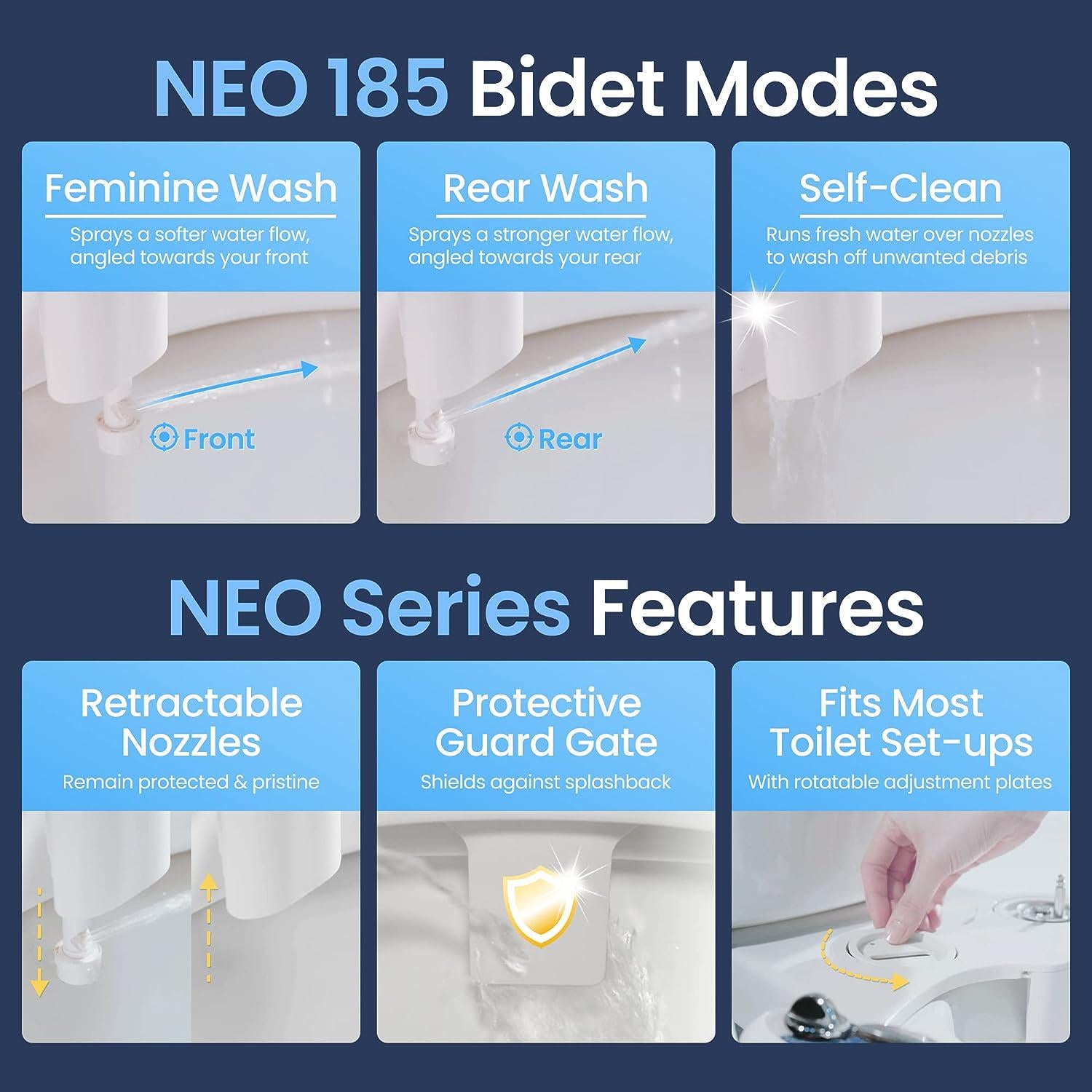 LUXE Bidet NEO 185 - Self-Cleaning, Dual Nozzle, Non-Electric Bidet Attachment For Toilet Seat, Adjustable Water Pressure, Rear And Feminine Wash (Blue),