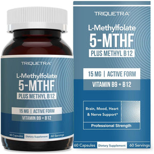 Triquetra Health L Methyl Folate 15mg Plus Methyl B12 Cofactor High Potency, Active 5-MTHF Form - Supports Mood, Methylation, Cognition Bioactive Forms Of Vitamin B9 And B12 (60 Capsules 60 Servings)