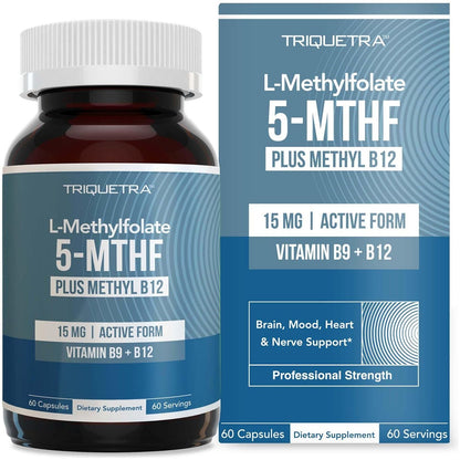 Triquetra Health L Methyl Folate 15mg Plus Methyl B12 Cofactor High Potency, Active 5-MTHF Form - Supports Mood, Methylation, Cognition Bioactive Forms Of Vitamin B9 And B12 (60 Capsules 60 Servings)