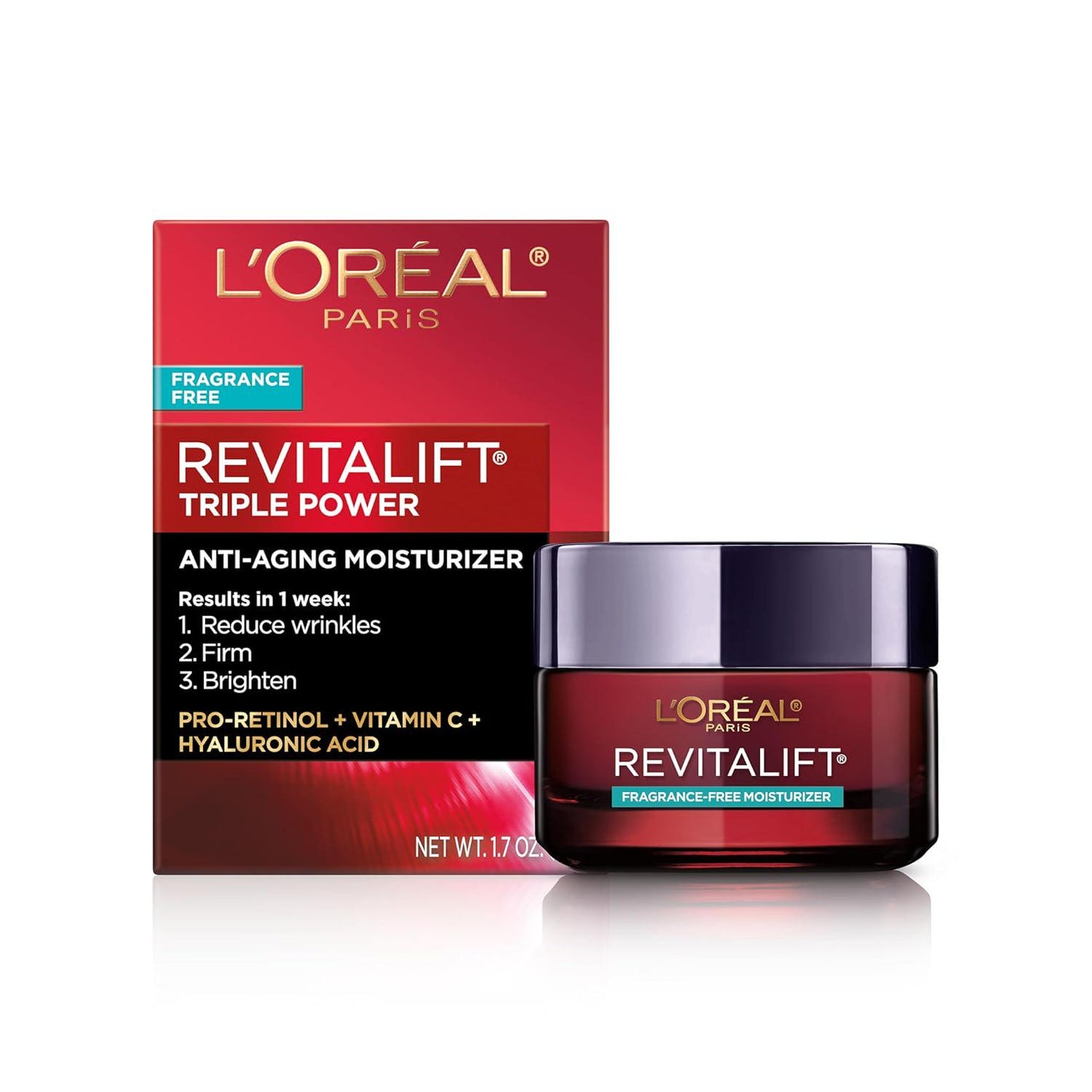 L'Oreal Paris L'OREAL PARIS Revitalift Triple Power Anti-Aging Face Moisturizer, Pro Retinol, Hyaluronic Acid And Vitamin C, Reduce Wrinkles, Fragrance Free 1.7 Oz