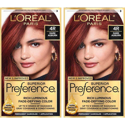 L Oréal Paris Superior Preference Luminous Fade-Defying Permanent Hair Color, Hair Dye For Up To 9 Weeks Of Radiance, Dark Auburn 4R, 1 Hair Dye Kit (Pack Of 2),