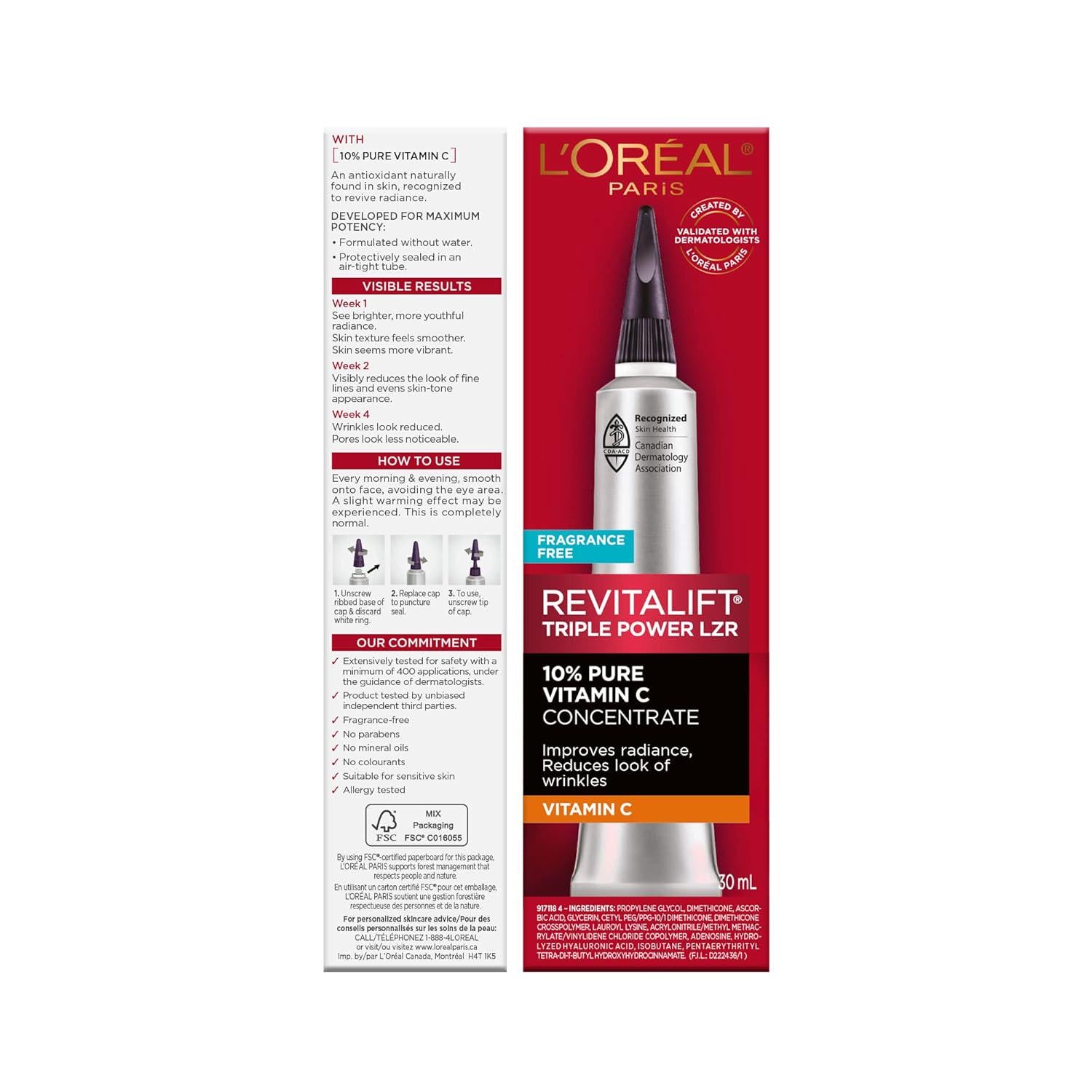 L'Oreal Paris Revitalift 10% Pure Vitamin C Face Serum For Brighter Skin And Reduced Wrinkles, Fragrance Free, 1 0z.,