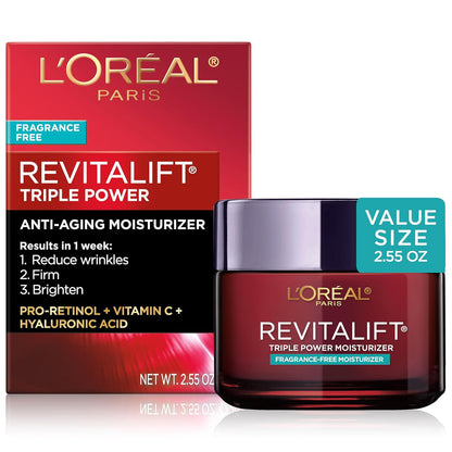 L'Oreal Paris L'Oreal Paris Revitalift Triple Power Anti-Aging Face Moisturizer, Fragrance Free, Pro Retinol, Hyaluronic Acid And Vitamin C To Reduce Wrinkles, Firm And Brighten Skin, 2.55 Oz