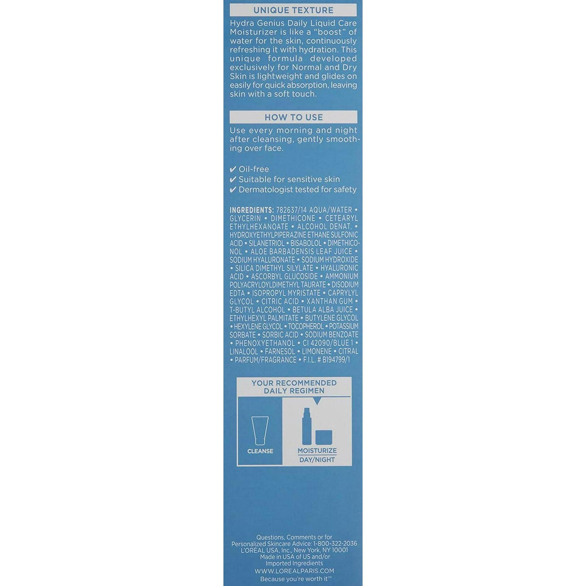 L'Oreal Paris Skincare Hydra Genius Daily Liquid Care Oil-Free Face Moisturizer For Normal To Dry Skin, Hyaluronic Acid Moisturizer For Face With Aloe Water And Hyaluronic Acid, 3.04 Fl. Oz.,