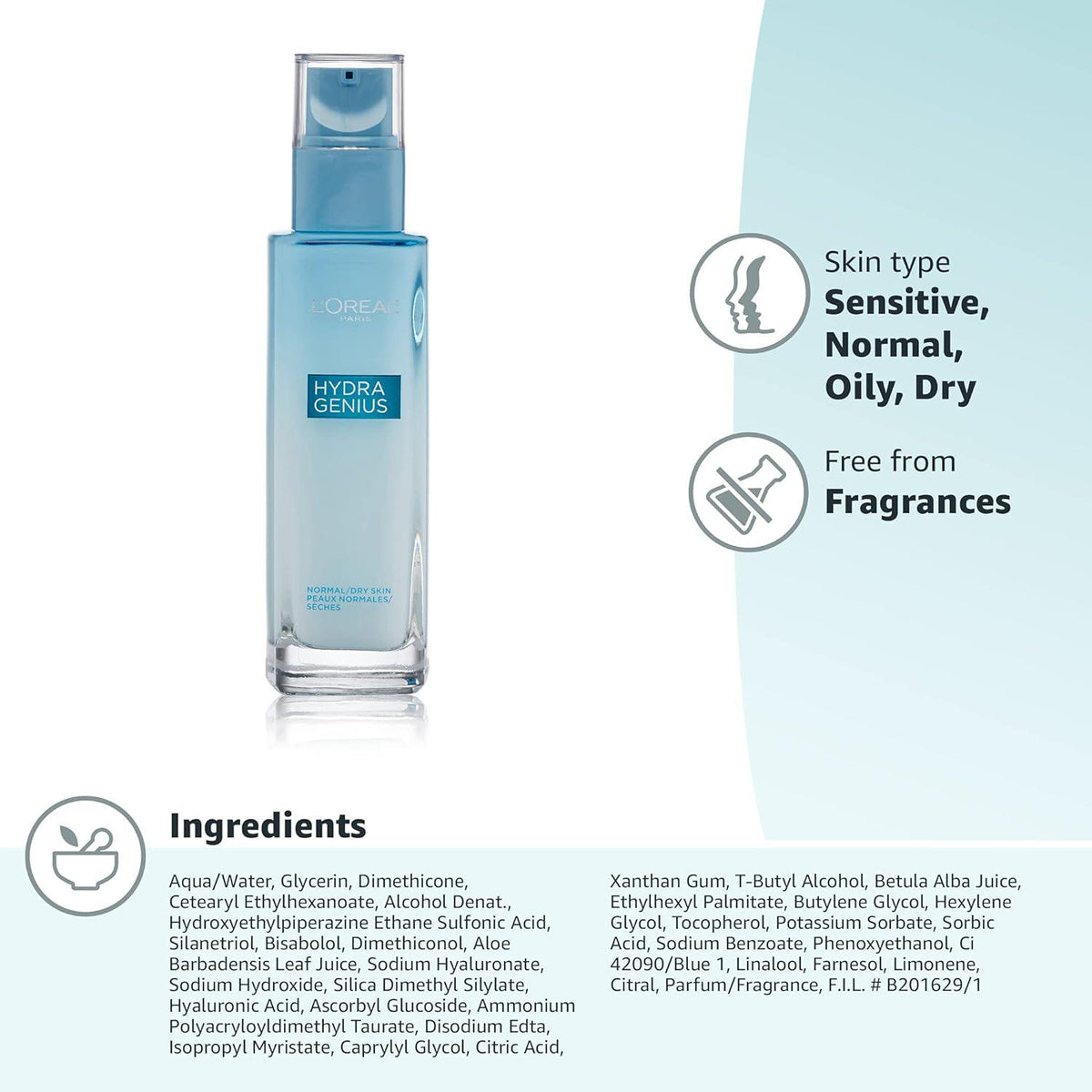 L'Oreal Paris Skincare Hydra Genius Daily Liquid Care Oil-Free Face Moisturizer For Normal To Dry Skin, Hyaluronic Acid Moisturizer For Face With Aloe Water And Hyaluronic Acid, 3.04 Fl. Oz.,