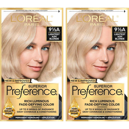 L'Oreal Paris Superior Preference Luminous Fade-Defying Permanent Hair Color, Hair Dye For Up To 9 Weeks Of Radiance, Lightest Ash Blonde 9.5A, 1 Hair Dye Kit (Pack Of 2),