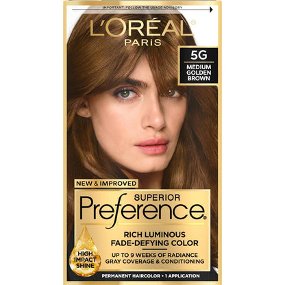 L'Oreal Paris Superior Preference Fade-Defying + Shine Permanent Hair Color, 5G Medium Golden Brown, Pack Of 1, Hair Dye,