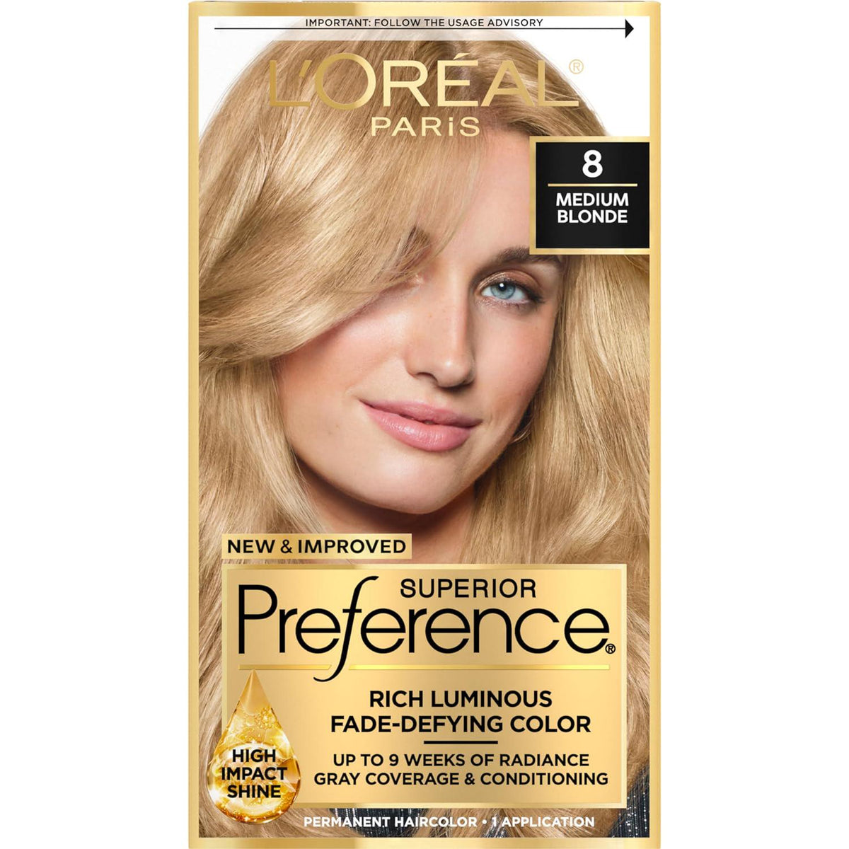 L'Oreal Paris Superior Preference Fade-Defying + Shine Permanent Hair Color, 8 Medium Blonde, Pack Of 1, Hair Dye,