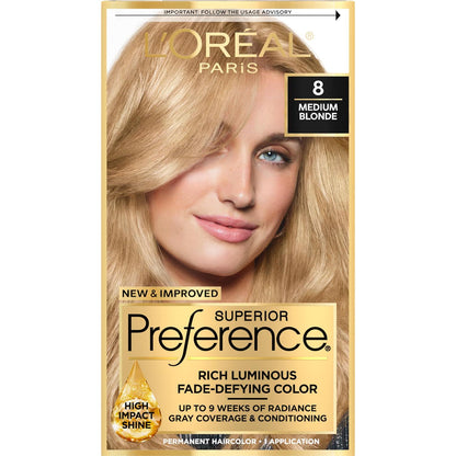 L'Oreal Paris Superior Preference Fade-Defying + Shine Permanent Hair Color, 8 Medium Blonde, Pack Of 1, Hair Dye,