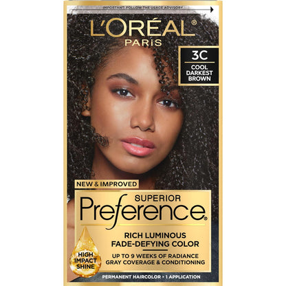 L'Oreal Paris Superior Preference Fade-Defying + Shine Permanent Hair Color, 3C Cool Darkest Brown, Pack Of 1, Hair Dye,