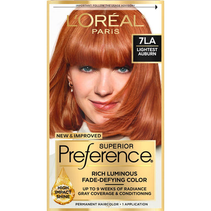L'Oreal Paris Superior Preference Fade-Defying + Shine Permanent Hair Color, 7LA Lightest Auburn, Pack Of 1, Hair Dye,