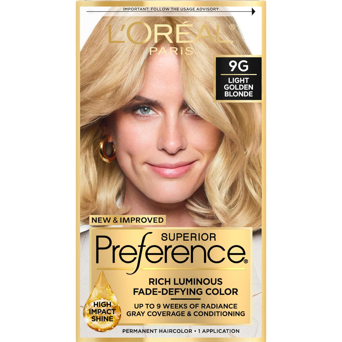 L'Oreal Paris Superior Preference Fade-Defying + Shine Permanent Hair Color, 9G Light Golden Blonde, Pack Of 1, Hair Dye,