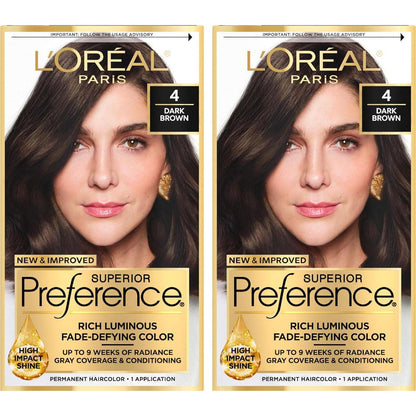 L'Oreal Paris Superior Preference Luminous Fade-Defying Permanent Hair Color, Hair Dye For Up To 9 Weeks Of Radiance, Dark Brown 4, 1 Hair Dye Kit (Pack Of 2),