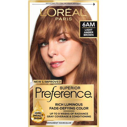 L'Oreal Paris Superior Preference Fade-Defying + Shine Permanent Hair Color, 6AM Light Amber Brown, Pack Of 1, Hair Dye,