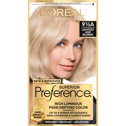L'Oreal Paris Superior Preference Fade-Defying + Shine Permanent Hair Color, 9.5A Lightest Ash Blonde, Pack Of 1, Hair Dye,