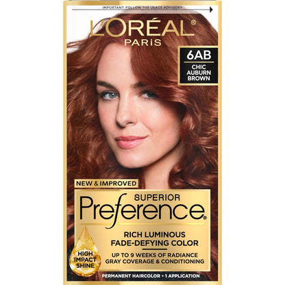 L'Oreal Paris Superior Preference Fade-Defying + Shine Permanent Hair Color, 6AB Chic Auburn Brown, Pack Of 1, Hair Dye,