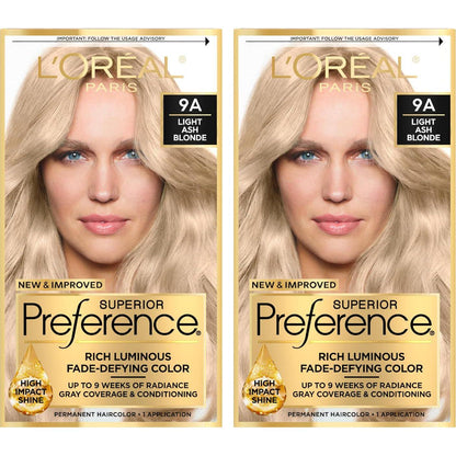 L'Oreal Paris Superior Preference Luminous Fade-Defying Permanent Hair Color, Hair Dye For Up To 9 Weeks Of Radiance, Light Ash Blonde 9A, 1 Hair Dye Kit (Pack Of 2),
