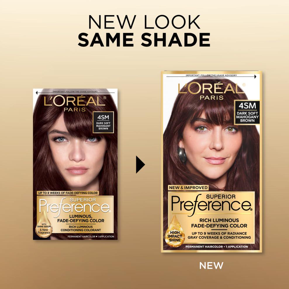 L'Oreal Paris Superior Preference Fade-Defying + Shine Permanent Hair Color, 4SM Dark Soft Mahogany Brown, Pack Of 1, Hair Dye,