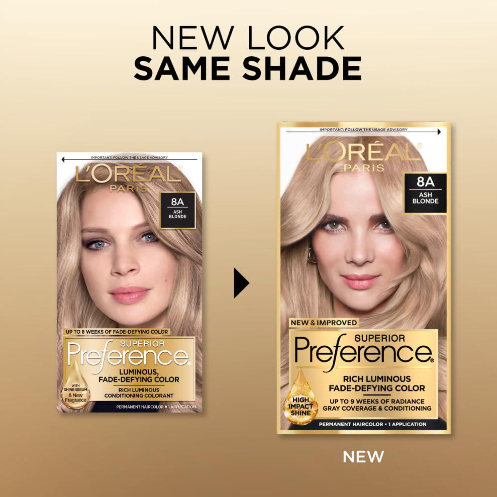 L'Oreal Paris Superior Preference Fade-Defying + Shine Permanent Hair Color, 8A Ash Blonde, Pack Of 1, Hair Dye,