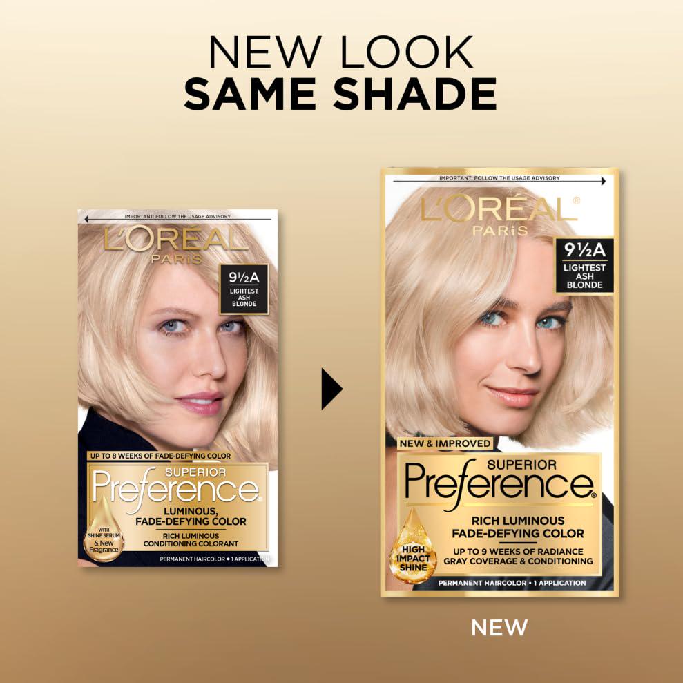 L'Oreal Paris Superior Preference Fade-Defying + Shine Permanent Hair Color, 9.5A Lightest Ash Blonde, Pack Of 1, Hair Dye,