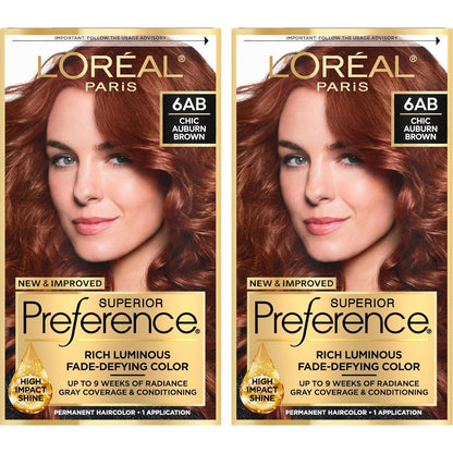 L'Oreal Paris Superior Preference Luminous Fade-Defying Permanent Hair Color, Hair Dye For Up To 9 Weeks Of Radiance, Chic Auburn Brown 6AB, 1 Hair Dye Kit (Pack Of 2),