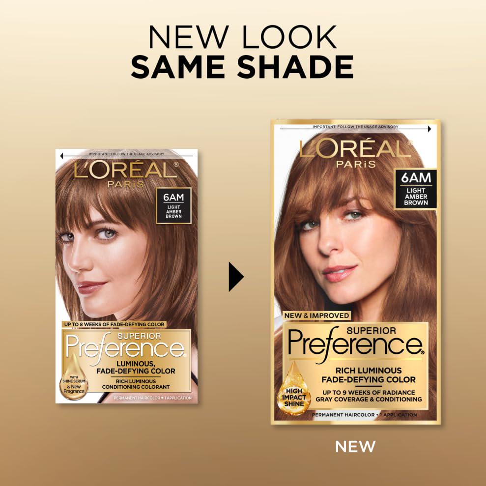 L'Oreal Paris Superior Preference Fade-Defying + Shine Permanent Hair Color, 6AM Light Amber Brown, Pack Of 1, Hair Dye,