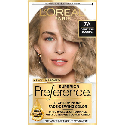 L'Oreal Paris Superior Preference Fade-Defying + Shine Permanent Hair Color, 7A Dark Ash Blonde, Pack Of 1, Hair Dye,