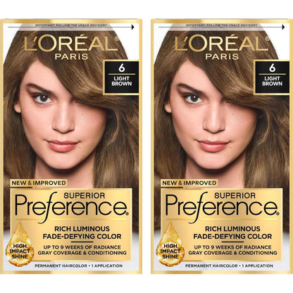 L'Oreal Paris Superior Preference Luminous Fade-Defying Permanent Hair Color, Hair Dye For Up To 9 Weeks Of Radiance, Light Brown 6, 1 Hair Dye Kit (Pack Of 2),