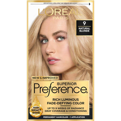 L'Oreal Paris Superior Preference Fade-Defying + Shine Permanent Hair Color, 9 Natural Blonde, Pack Of 1, Hair Dye,