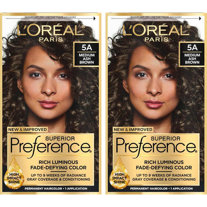 L'Oreal Paris Superior Preference Luminous Fade-Defying Permanent Hair Color, Hair Dye For Up To 9 Weeks Of Radiance, Medium Ash Brown 5A, 1 Hair Dye Kit (Pack Of 2),