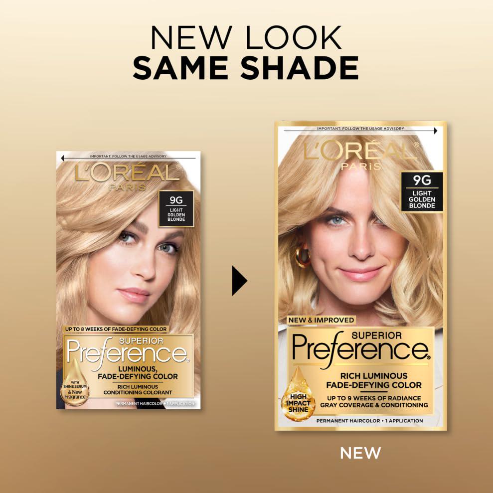 L'Oreal Paris Superior Preference Fade-Defying + Shine Permanent Hair Color, 9G Light Golden Blonde, Pack Of 1, Hair Dye,