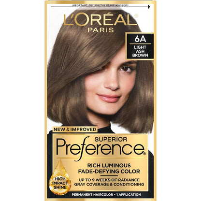 L'Oreal Paris Superior Preference Luminous Fade-Defying Permanent Hair Color, Hair Dye For Up To 9 Weeks Of Radiance, Light Ash Brown 6A, 1 Hair Dye Kit,
