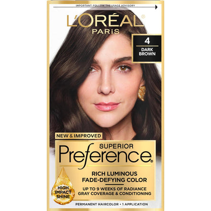 L'Oreal Paris Superior Preference Fade-Defying + Shine Permanent Hair Color, 4 Dark Brown, Pack Of 1, Hair Dye,