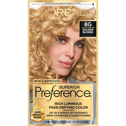 L'Oreal Paris Superior Preference Fade-Defying + Shine Permanent Hair Color, 8G Golden Blonde, Pack Of 1, Hair Dye,