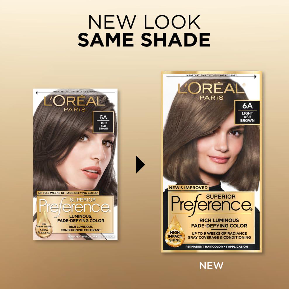L'Oreal Paris Superior Preference Luminous Fade-Defying Permanent Hair Color, Hair Dye For Up To 9 Weeks Of Radiance, Light Ash Brown 6A, 1 Hair Dye Kit,