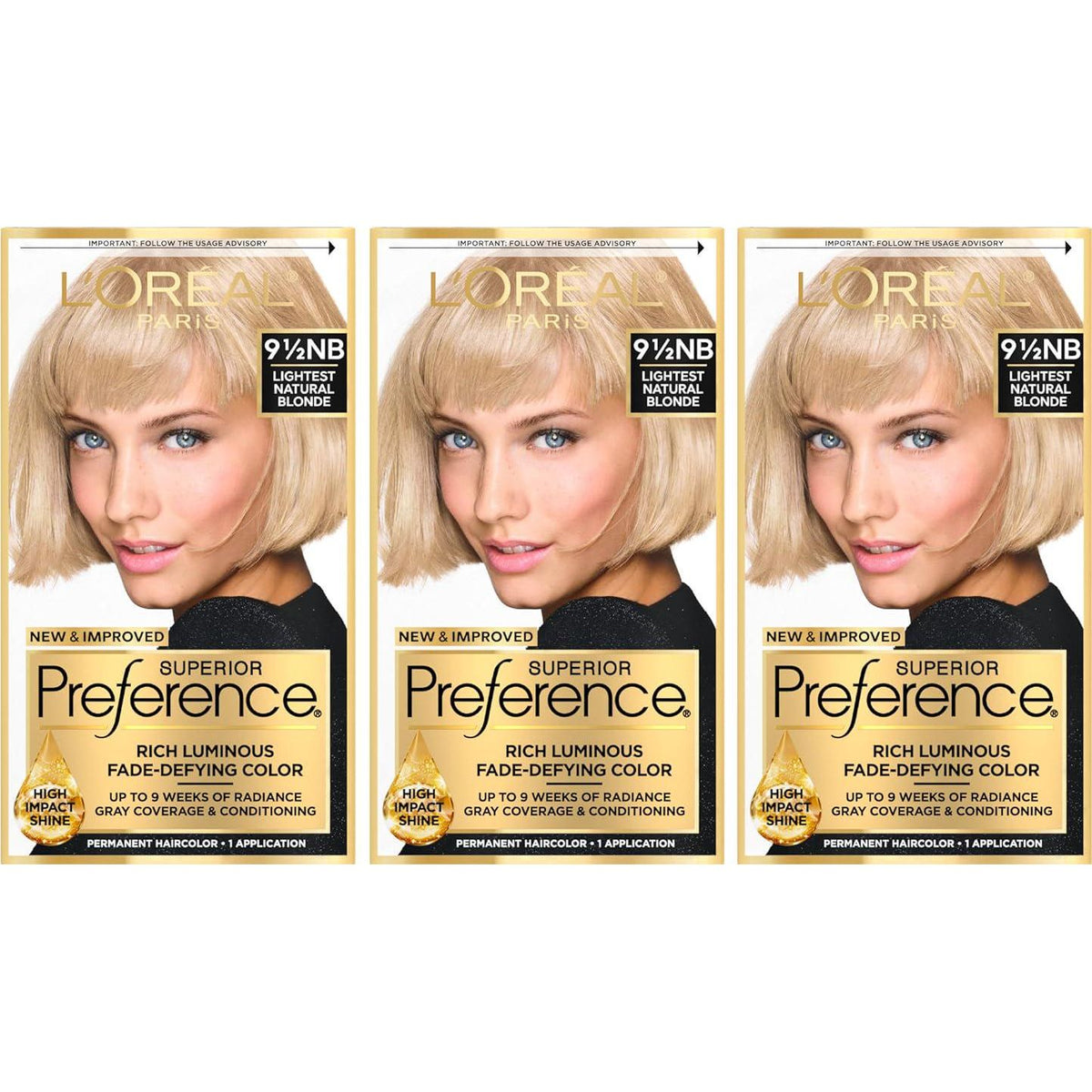 L'Oreal Paris Superior Preference Luminous Fade-Defying Permanent Hair Color, Hair Dye For Up To 9 Weeks Of Radiance, Lightest Natural Blonde 9.5NB, 1 Hair Dye Kit (Pack Of 3),