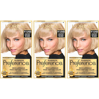 L'Oreal Paris Superior Preference Luminous Fade-Defying Permanent Hair Color, Hair Dye For Up To 9 Weeks Of Radiance, Lightest Natural Blonde 9.5NB, 1 Hair Dye Kit (Pack Of 3),