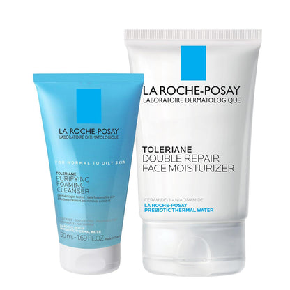 La Roche-Posay Toleraine Skin Care Set, Double Repair Face Moisturizer 100ml And Purifying Foaming Facial Cleanser 50ml, Oil Free Moisturizer And Face Wash For Oily Skin, Formulated With Niacinamide,