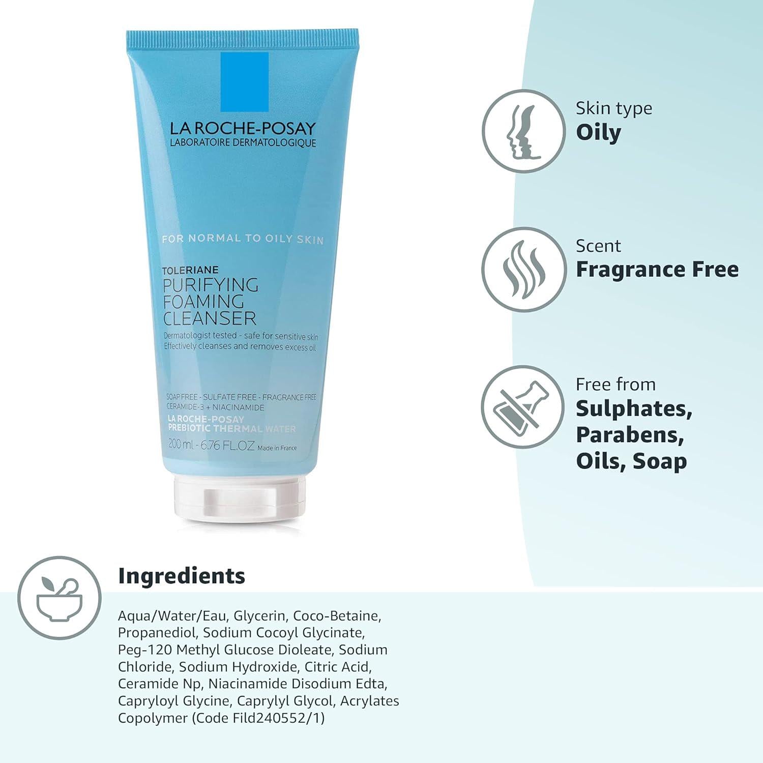 La Roche-Posay Toleriane Purifying Foaming Facial Cleanser, Oil Free Face Wash For Oily Skin And For Sensitive Skin With Niacinamide, Pore Cleanser Won T Dry Out Skin, Unscented,