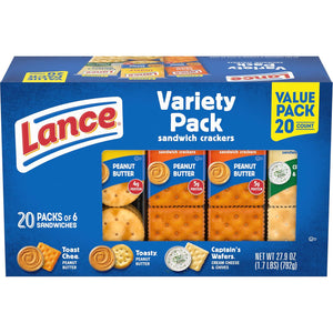 Lance Lance Sandwich Crackers, Variety Pack, 3 Flavors, 20 Individually Wrapped Packs, 6 Sandwiches Each