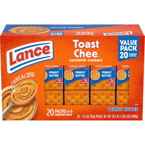 Lance Sandwich Crackers, Toastchee Peanut Butter, 20 Individually Wrapped Packs, 6 Sandwiches Each