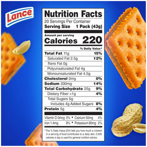 Lance Sandwich Crackers, Toastchee Peanut Butter, 20 Individually Wrapped Packs, 6 Sandwiches Each