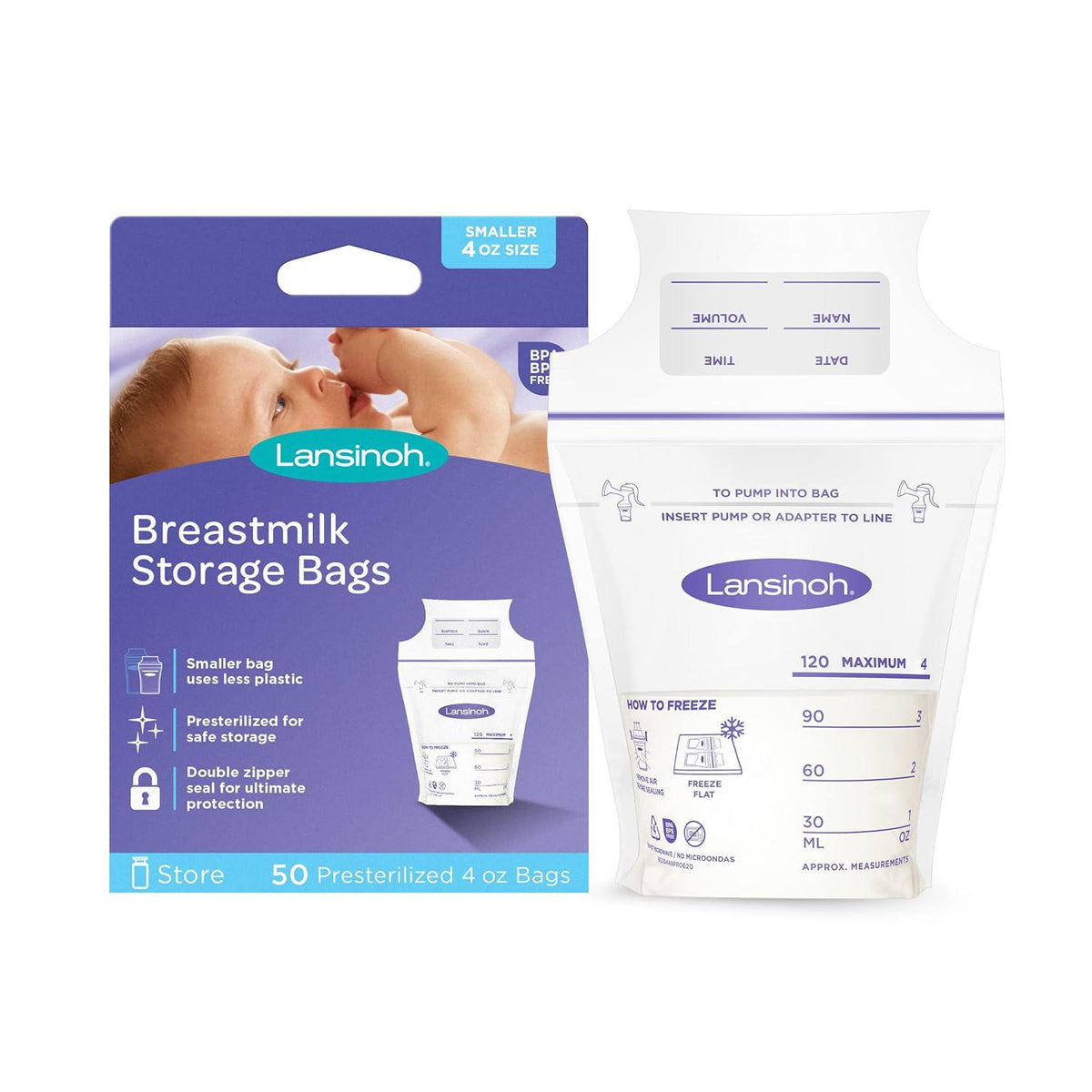 Lansinoh Breastmilk Storage Bags, 50 Count, Baby Essentials, Fast Freeze And Thaw Breast Milk Bags For Baby Bottle Feeding, Superior Strength And Stretch, 4 Ounce,044677204491