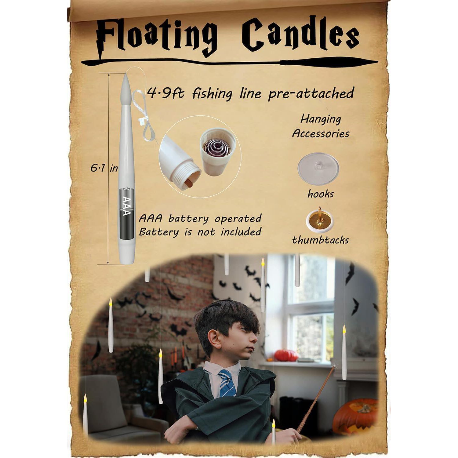 Leejec 20pcs Flameless Taper Floating Candles With Magic Wand Remote, Flickering Warm Light, Battery Operated 6.1 LED Electric Window Candle, Decor For Christmas, Wedding, Halloween, Birthday Party,
