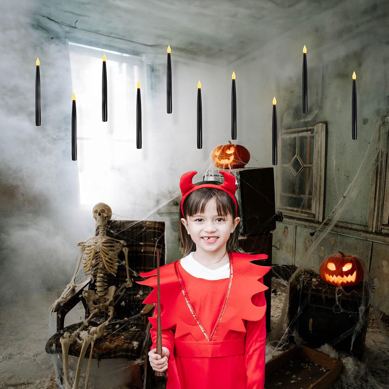 Leejec Floating Candles With Magic Wand Remote (6/18H Timer), 10pcs Of 10.8 Hanging Flameless Taper Candles, Flickering Warm White LED, Halloween Decorations, Home Decor, Witch Wizard Gift (Black),