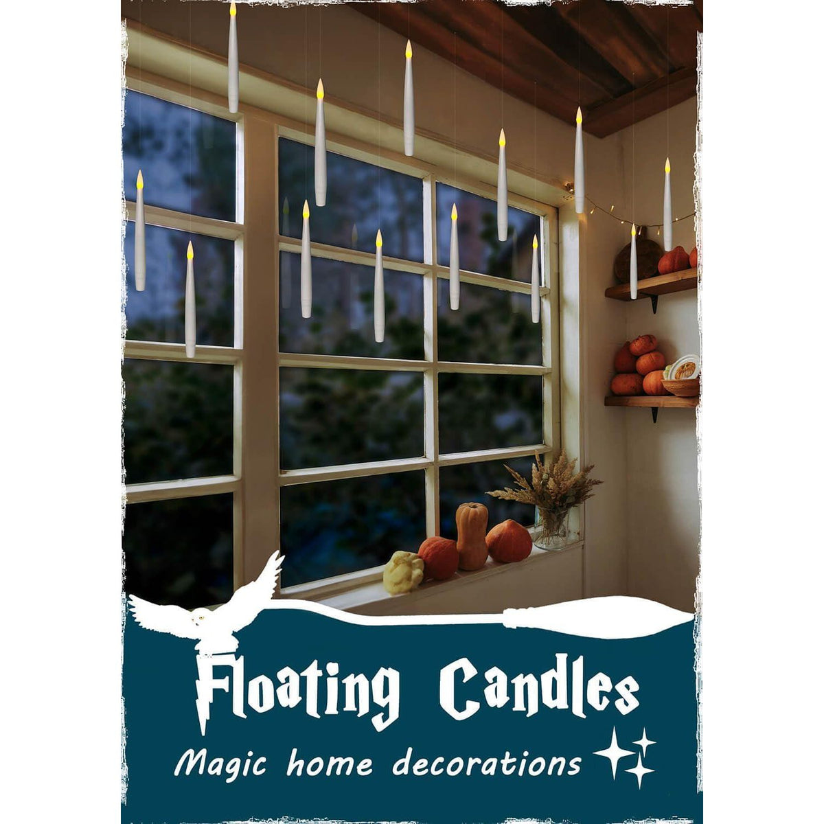 Leejec Floating Candles With Magic Wand Remote (6/18H Timer), 20pcs 6.1 Hanging Flameless Taper Candles, Flickering Warm Light, Halloween Christmas Classroom Windows Wedding Party Decor(White),