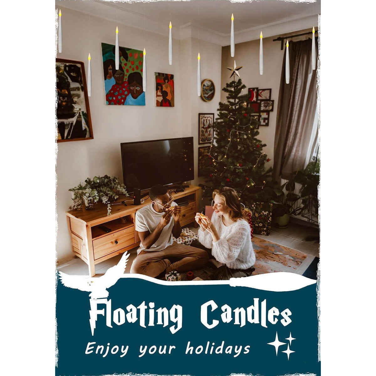 Leejec Floating Candles With Magic Wand Remote (6/18H Timer), 20pcs 6.1 Hanging Flameless Taper Candles, Flickering Warm Light, Halloween Christmas Classroom Windows Wedding Party Decor(White),